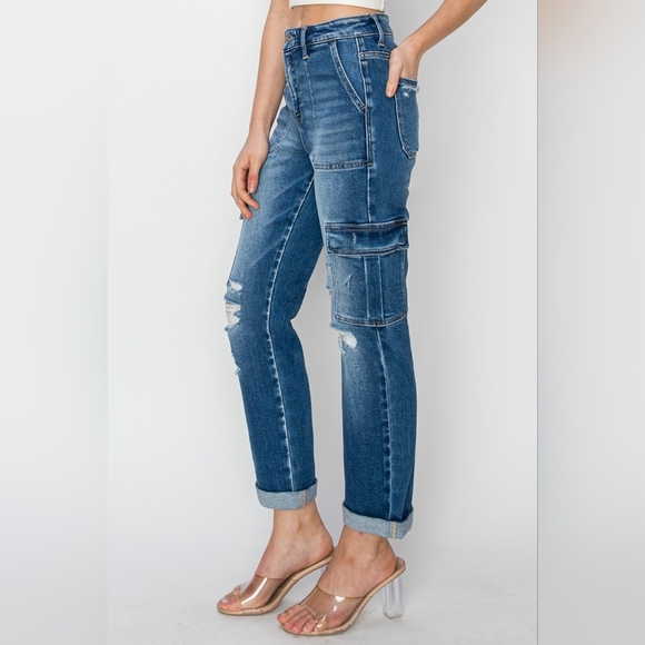 RISEN Retro 90 Cargo High-Rise Distressed Rolled Ankle Denim Jeans Utility Pants - Picture 12 of 15